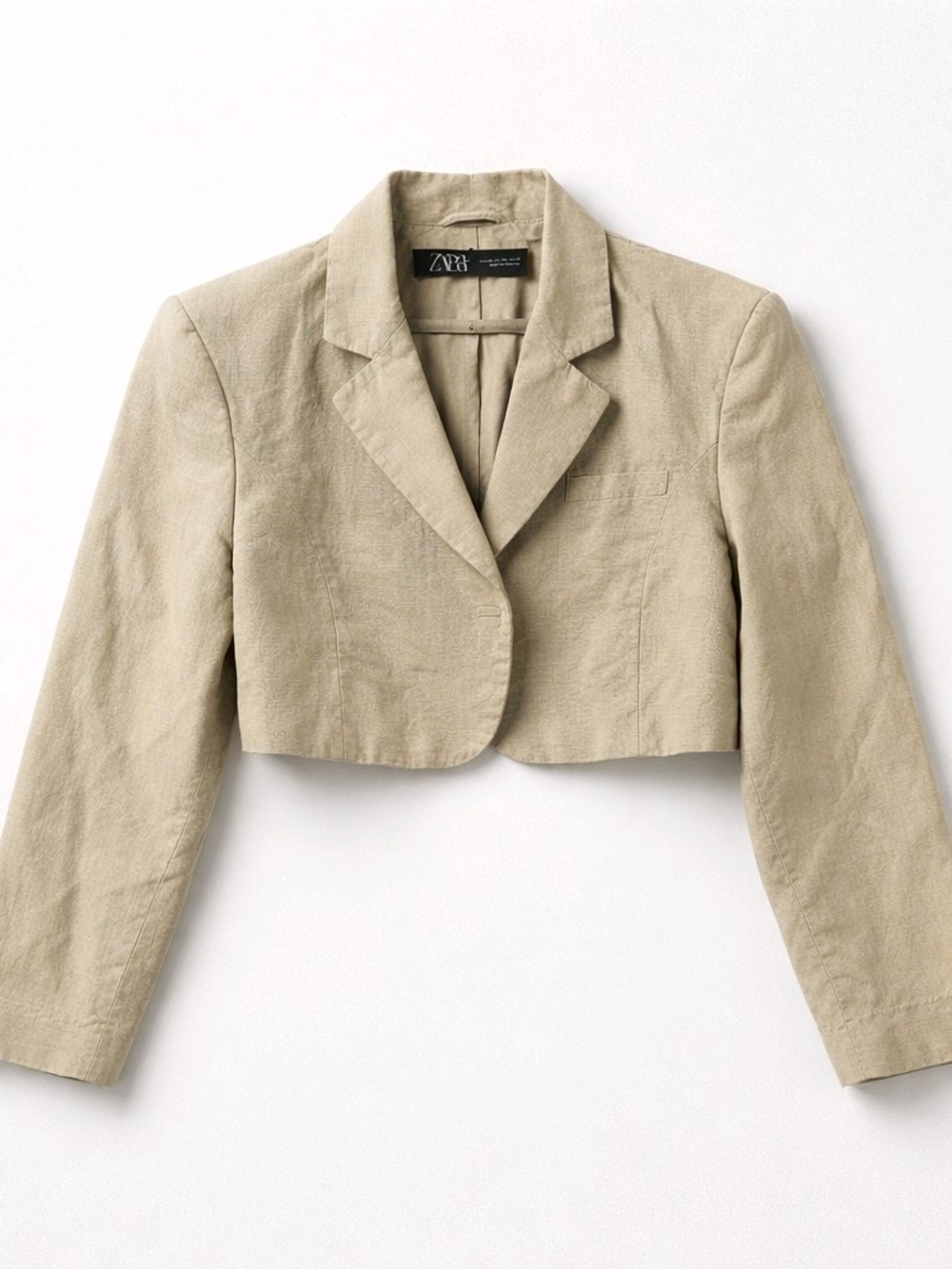 NWOT Zara Cropped Linen-Blend Blazer in Beige- XS